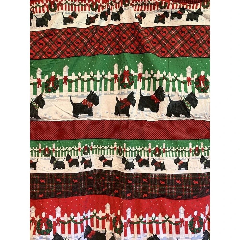 Vintage Handmade Christmas Quilt Blanket 52x36” Plaid Backside Scotty Dogs